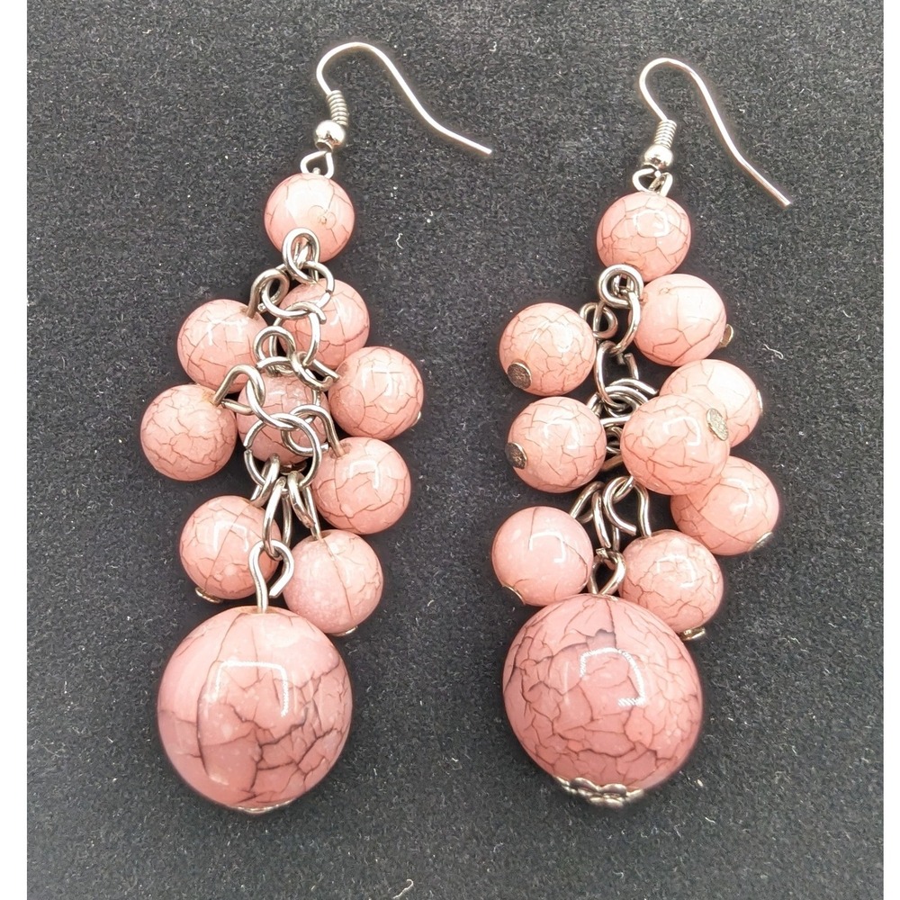 Pink Crackle Glass Bead Cluster Dangle Earrings Silver Tone Fishhook Statement